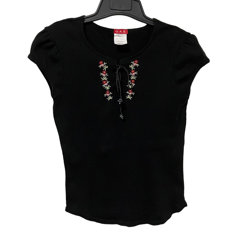 Vintage 90's G.A.S. Embroidered Floral Lace Up Black Short Sleeve Top